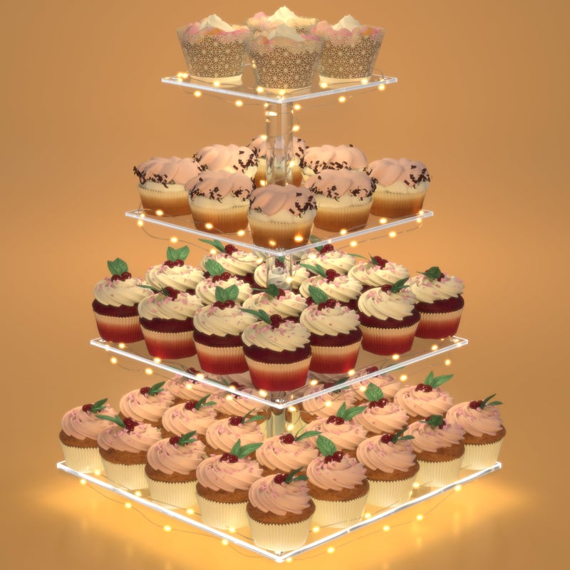 Cupcake Stand with Lights 4 Tier Cupcake Holder Light Up Cupcake Stand for 24 Cupcakes Dessert Table Display Set for Weddings Christmas Birthday Parties Yellow Light