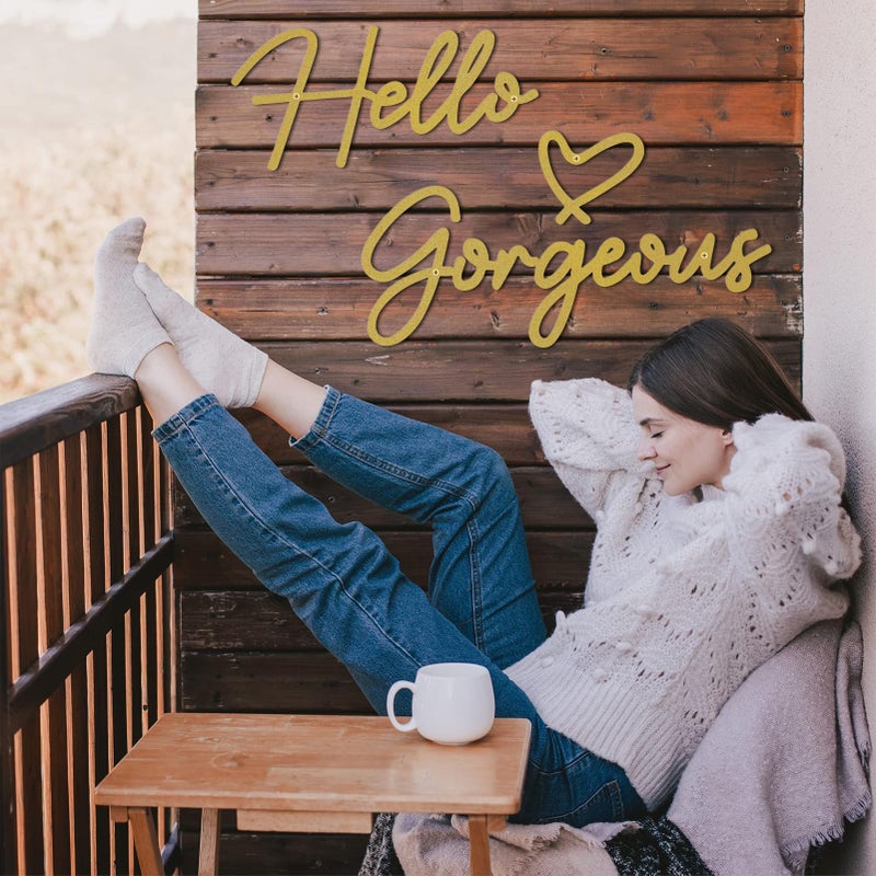 ESTART Hello Gorgeous Metal Wall Art Decor Gold Modern Hello Gorgeous Signs Farmhouse Metal Wall Art Hanging Decoration for Bathroom Living Room Bedroom Office Hotel Home Wall Decoration (Gold) - Image 4
