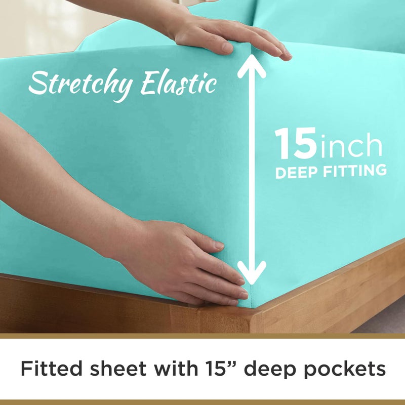 DESTINY CRESCENT BED Full XL 100% Microfiber Double Brushed Sheet Set - Extra-Soft  Breathable & Wrinkle-Free - 15"" Deep Pockets  54"" x 80"" - Ideal for Extra Long Full Beds - 4PC Set (Full XL  Aqua Blue) - Image 5