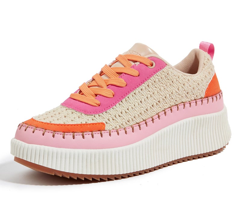 LUCKY STEP Women's Platform Sneakers Rhinestone Fashion Chunky Casual Sparkly Retro Braided Walking Shoes (Pink/Orange Knit,9.5 B(M) US) - Image 1