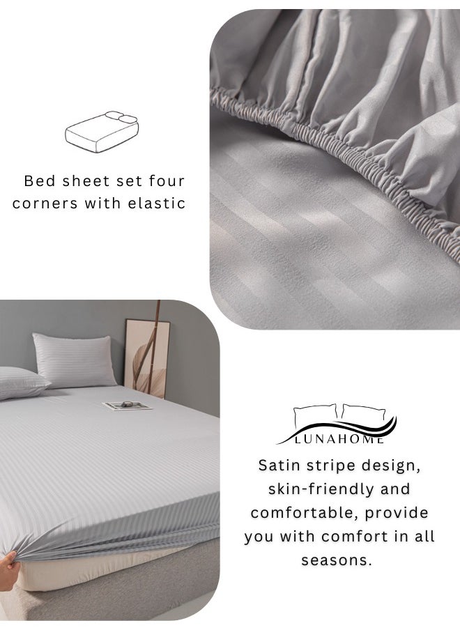 LUNA Home Queen Size 3 Pcs Fitted sheet with elastic corner 160*200 + 30 cm with 2 pillow cases, bedsheet set, light gray.  - Image 5