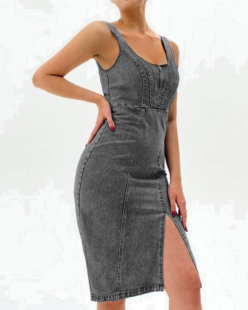 utcoco Denim Dress for Women Sleeveless Side Slit Bodycon Midi Jean Dresses for Women 2026 (Medium, Dark Grey) - Image 4