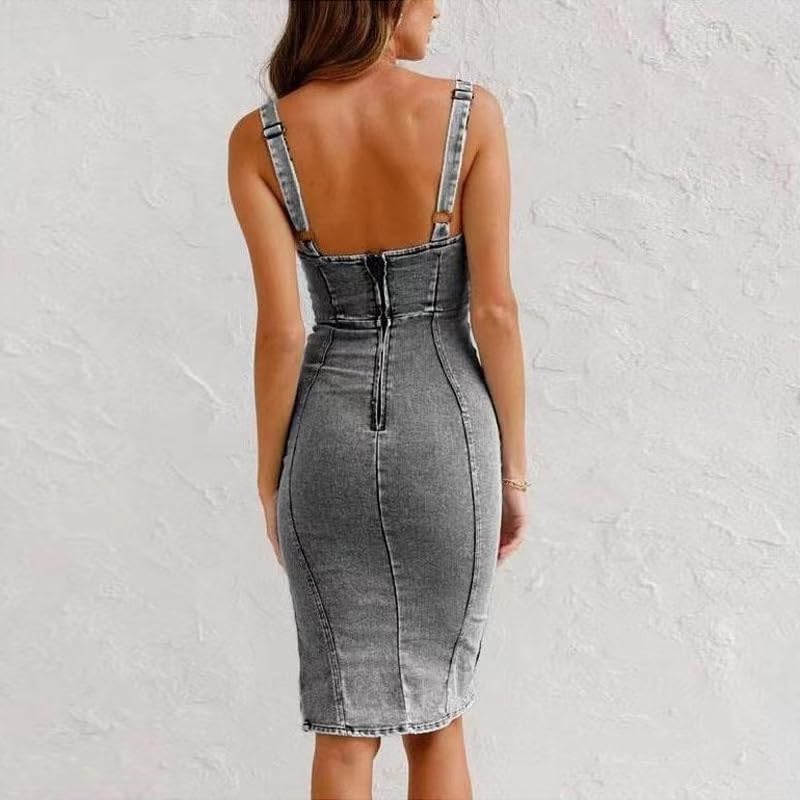 utcoco Denim Dress for Women Sleeveless Side Slit Bodycon Midi Jean Dresses for Women 2026 (Medium, Dark Grey) - Image 3
