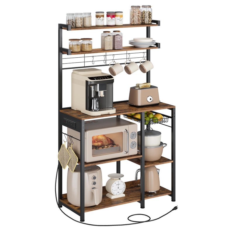 VASAGLE VASAGLE Bakers Rack with Power Outlet 354 Inches Microwave Stand Coffee Bar 4 AC Outlets with Adjustable Shelves 8 SHooks Basket Spice Racks Rustic Brown and Ink Black UKKS031K01