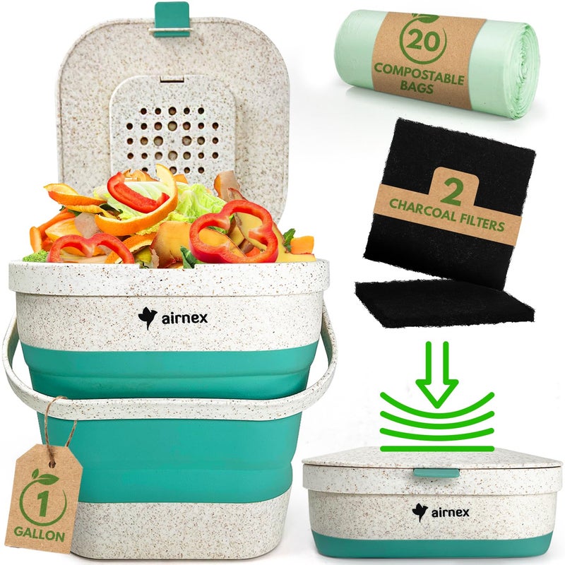 AIRNEX AIRNEX Collapsible Small Compost Bin with Lid  1 Gallon Compost Bucket Food Waste Caddy Made of Wheat Straw  Odorless Counter Top Compost Bin for Kitchen with 20 Compost Bags and 2 Carbon Filters 