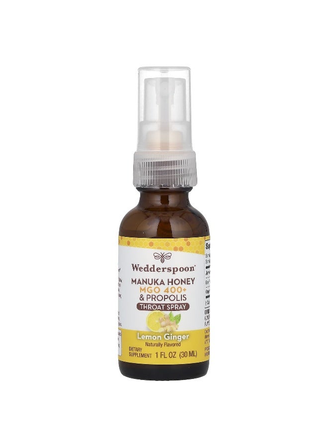 Wedderspoon, Manuka Honey & Propolis Throat Spray, Lemon Ginger, MGO 400+, 1 fl oz (30 ml) (Packaging may vary) - Image 1