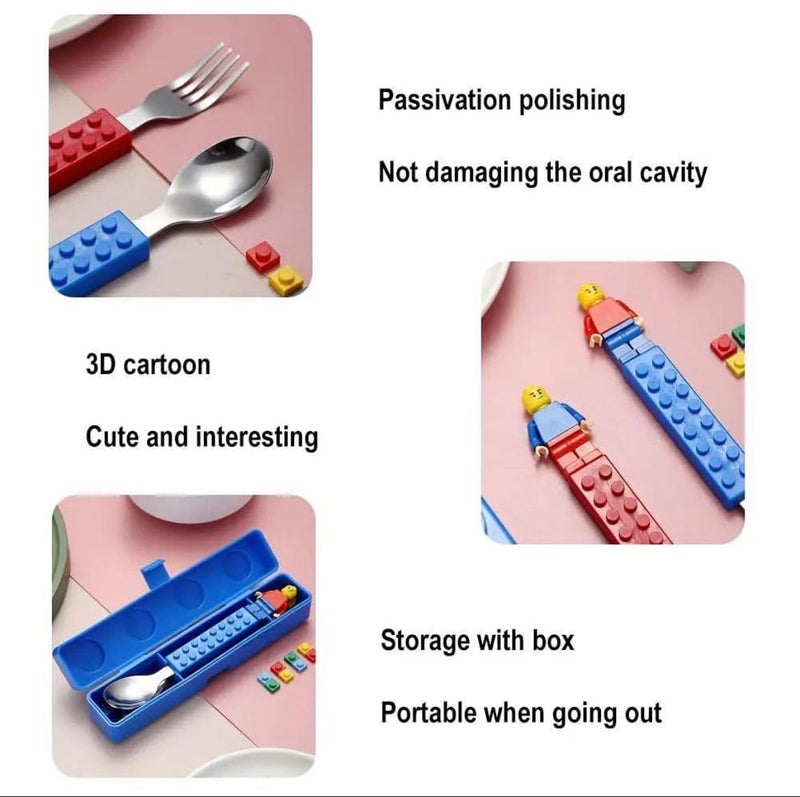 TINKDAS Stainless Steel Building Blocks Cutlery Set of 3 Interactive Lunch Set with Figures - Image 2