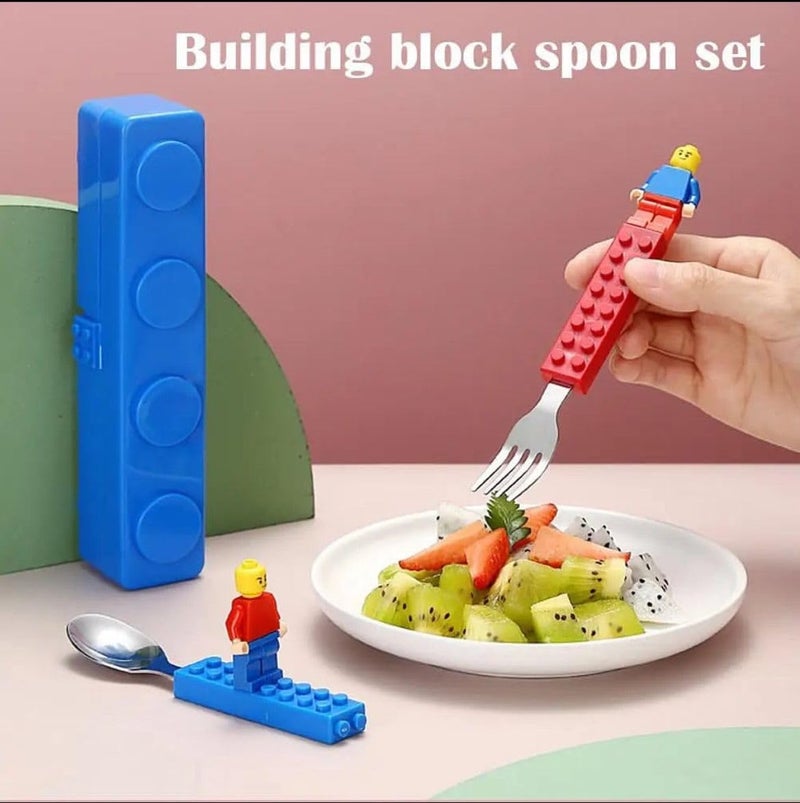 TINKDAS Stainless Steel Building Blocks Cutlery Set of 3 Interactive Lunch Set with Figures - Image 4