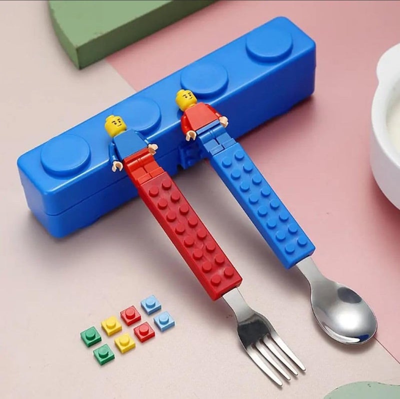TINKDAS Stainless Steel Building Blocks Cutlery Set of 3 Interactive Lunch Set with Figures - Image 1