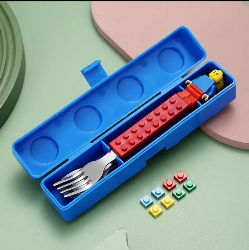 TINKDAS Stainless Steel Building Blocks Cutlery Set of 3 Interactive Lunch Set with Figures - Image 5