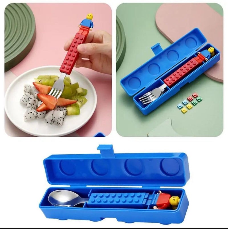 TINKDAS Stainless Steel Building Blocks Cutlery Set of 3 Interactive Lunch Set with Figures - Image 3