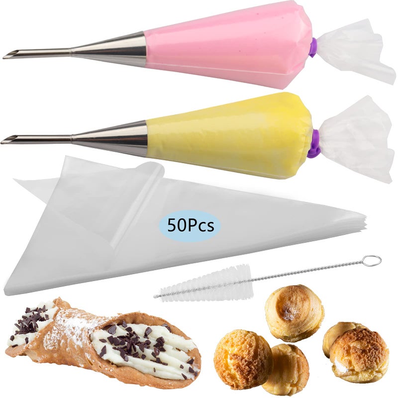 2Pcs Cream Icing Piping Nozzle Tip Stainless SteelLong Puff Nozzle Tip with 50Pcs Disposable Pastry Piping Bags Cupcake and Puff Filling Kit Decorating Tool Supplies