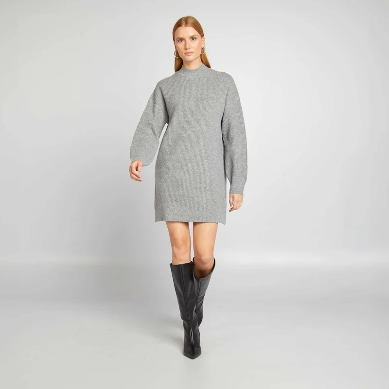 Kiabi Knit Jumper Dress With Crew Neck Grey
