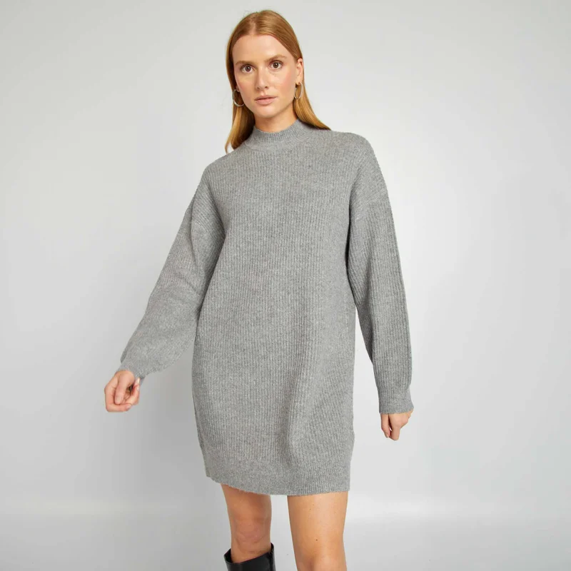 Kiabi Knit Jumper Dress With Crew Neck Grey