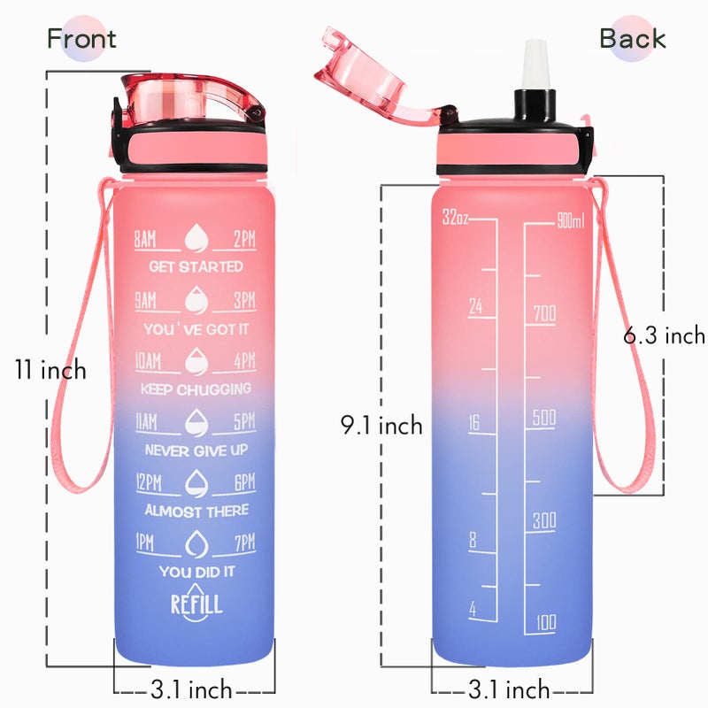 Enerbone 32 oz Water Bottle, Leakproof BPA & Toxic Free, Motivational Water Bottle with Times to Drink and Straw, Fitness Sports Water Bottle with Strap for Office, Gym, Outdoor Sports, Pink-Blue - Image 3
