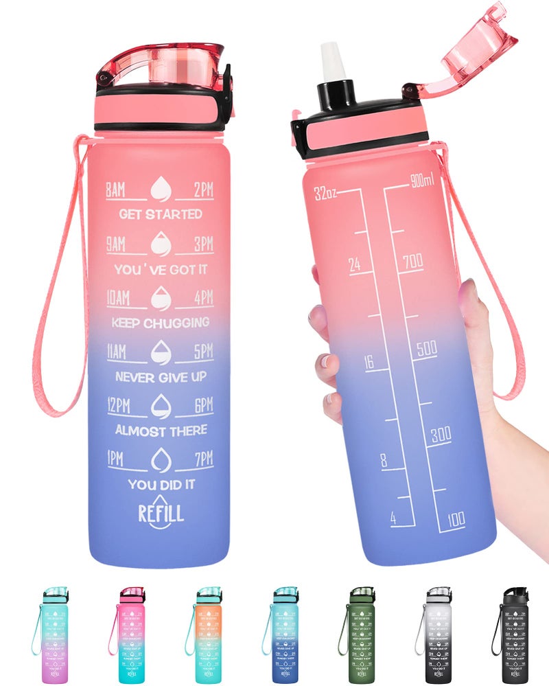 Enerbone 32 oz Water Bottle, Leakproof BPA & Toxic Free, Motivational Water Bottle with Times to Drink and Straw, Fitness Sports Water Bottle with Strap for Office, Gym, Outdoor Sports, Pink-Blue - Image 1