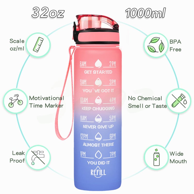 Enerbone 32 oz Water Bottle, Leakproof BPA & Toxic Free, Motivational Water Bottle with Times to Drink and Straw, Fitness Sports Water Bottle with Strap for Office, Gym, Outdoor Sports, Pink-Blue - Image 2