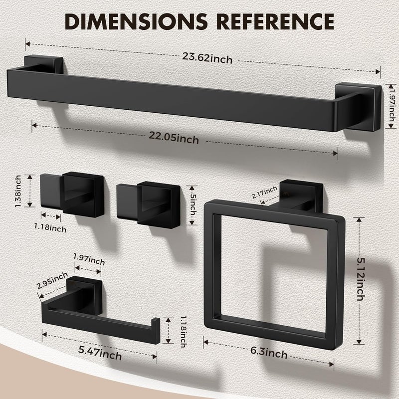PAHSFS Bathroom Accessory Towel Bar Set: 5 Pieces Matte Black Square Bathroom Hardware SUS304 Stainless Steel - 24 Inch Wall Mounted Towel Rack&Toilet Paper Holder&Towel Ring and Towel Hook - Image 2