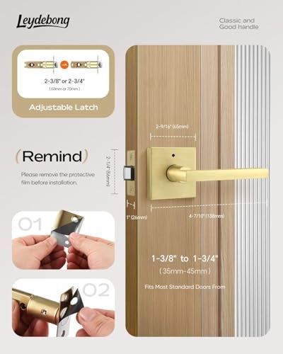 Leydebong 1 Pack Gold Door Handles, Keyless Privacy Door Levers Bed and Bath Leverset Lockset, Universal Handing with Square Door Knobs, Satin Brass Finish - Image 5