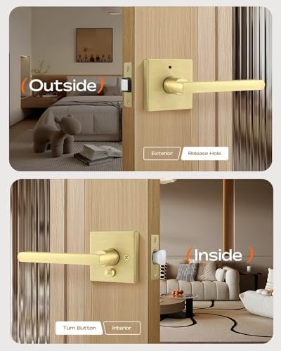 Leydebong 1 Pack Gold Door Handles, Keyless Privacy Door Levers Bed and Bath Leverset Lockset, Universal Handing with Square Door Knobs, Satin Brass Finish - Image 3
