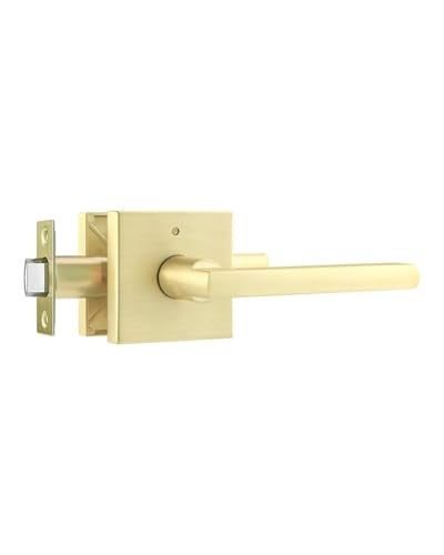Leydebong 1 Pack Gold Door Handles, Keyless Privacy Door Levers Bed and Bath Leverset Lockset, Universal Handing with Square Door Knobs, Satin Brass Finish - Image 1