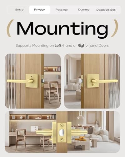 Leydebong 1 Pack Gold Door Handles, Keyless Privacy Door Levers Bed and Bath Leverset Lockset, Universal Handing with Square Door Knobs, Satin Brass Finish - Image 4