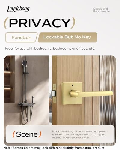 Leydebong 1 Pack Gold Door Handles, Keyless Privacy Door Levers Bed and Bath Leverset Lockset, Universal Handing with Square Door Knobs, Satin Brass Finish - Image 2