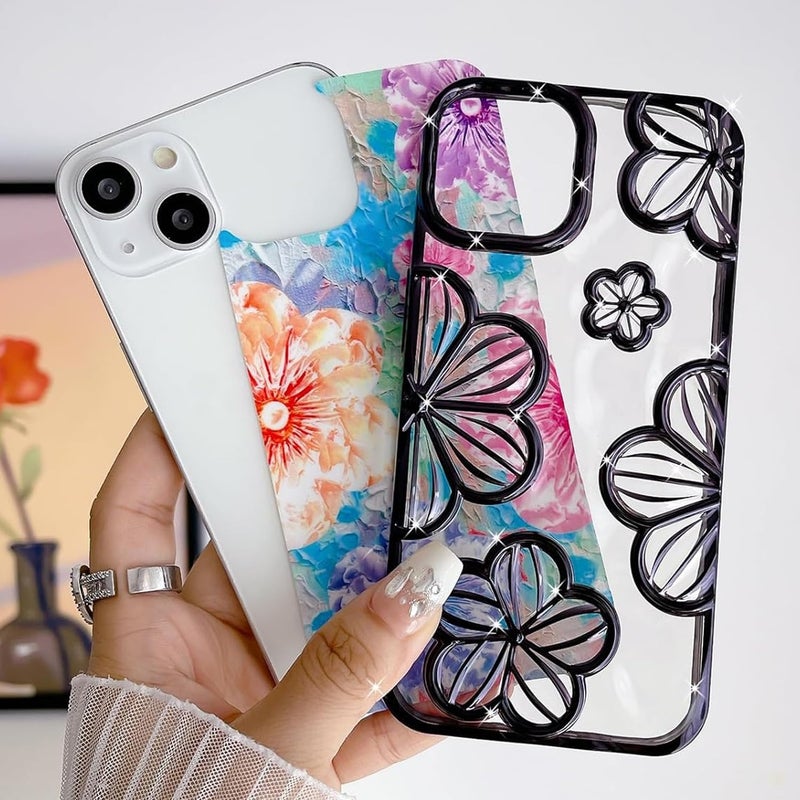 Mobistyle Designed for iPhone 14 Cover| Electroplating Bling Colourful Floral 3D TPU Camera Protection Back Cover Case for Women Girls (Black) - Image 4