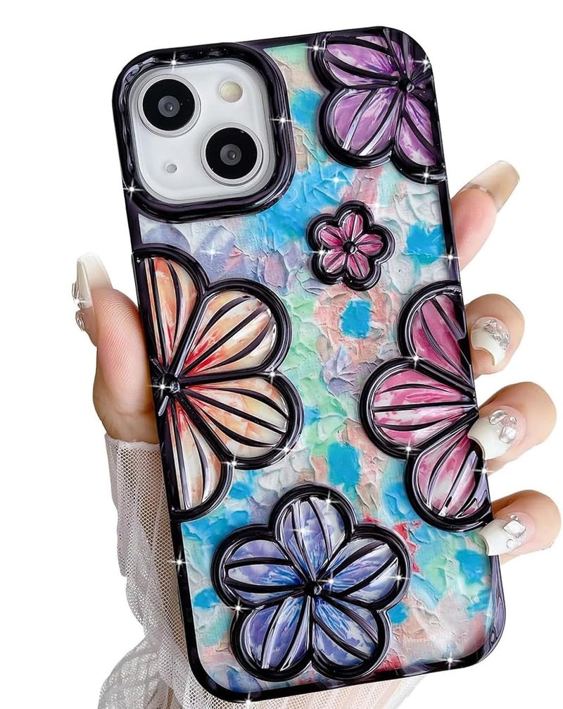 Mobistyle Designed for iPhone 14 Cover| Electroplating Bling Colourful Floral 3D TPU Camera Protection Back Cover Case for Women Girls (Black) - Image 1