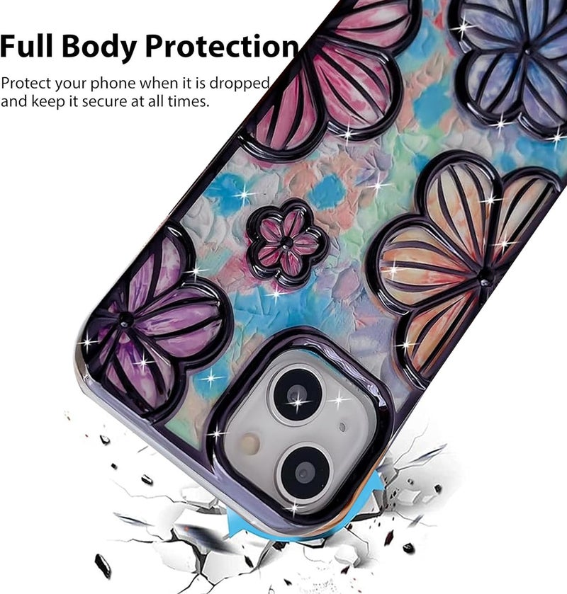 Mobistyle Designed for iPhone 14 Cover| Electroplating Bling Colourful Floral 3D TPU Camera Protection Back Cover Case for Women Girls (Black) - Image 2