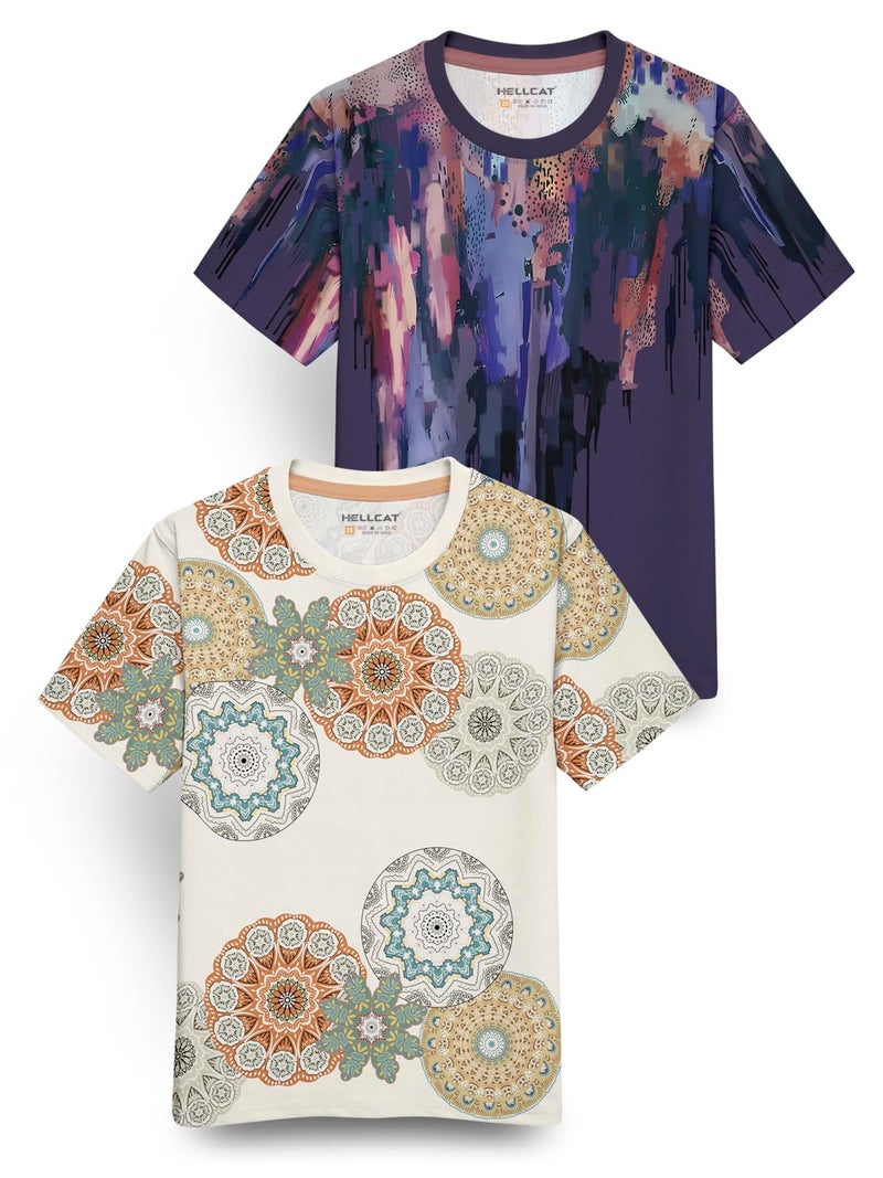 HELLCAT Boys Cotton Blend Regular Fit Trendy Front & Back Graphic Printed Half Sleeve Premium Round Neck Tshirt for - Pack of 2 Purple/Beige3 3-4 Years - Image 1