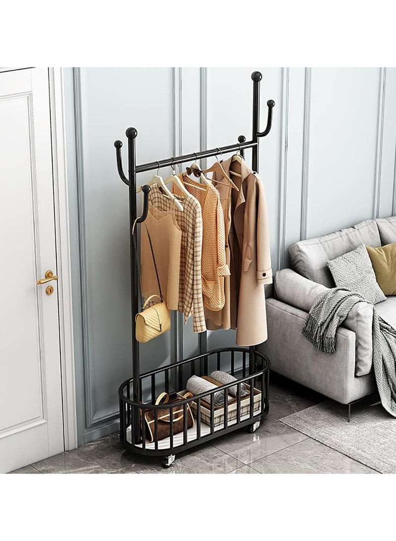 انسجام رف ملابس متدحرج معدني كبير قابل للتحرك مع خطافات وعجلات وسلة تخزين ورف معاطف متعدد الوظائف لتعليق الملابس والحقائب والقبعات - Image 1