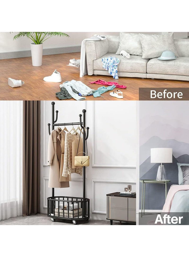انسجام رف ملابس متدحرج معدني كبير قابل للتحرك مع خطافات وعجلات وسلة تخزين ورف معاطف متعدد الوظائف لتعليق الملابس والحقائب والقبعات - Image 4