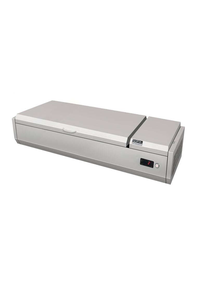 Sofia Refrigeration Refrigerated Well, Stainless Steel Table Top Salad Display Chiller, Topping Station, Energy Efficient (980x395x437) - Image 1