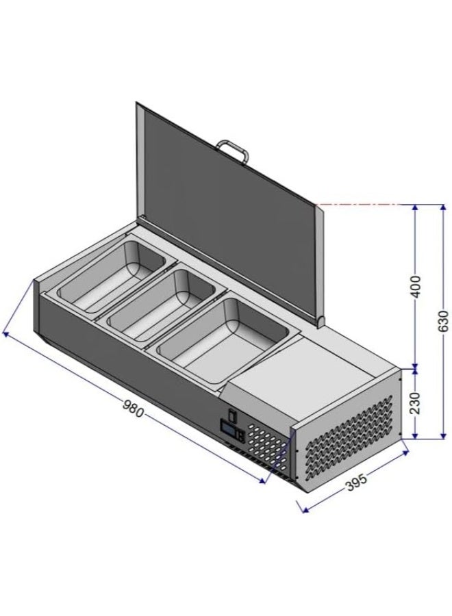 Sofia Refrigeration Refrigerated Well, Stainless Steel Table Top Salad Display Chiller, Topping Station, Energy Efficient (980x395x437) - Image 3