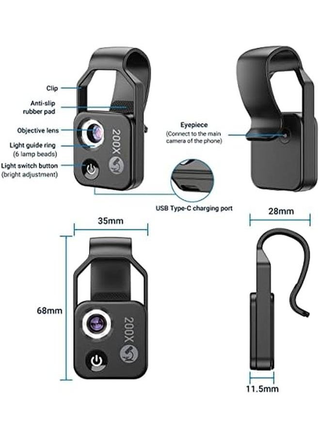 erorex - Mobile Phone Microscope 200X Mini Pocket Microscope With Led Light Universal Clip Portable Digital Magnifier Camera Accessory With Cpl Lens Compatible With Iphone Andriod Phones Black - Image 1