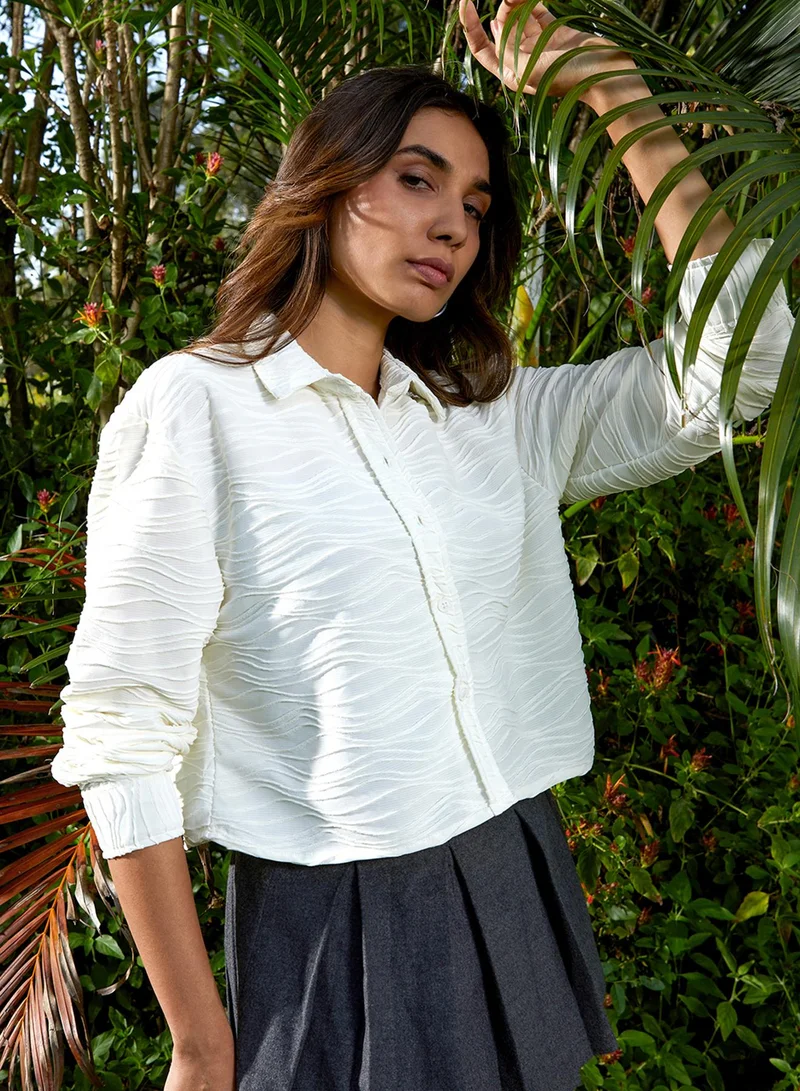 بينيا كولادا Women's Ivory White Wave-Textured Boxy Shirt For Casual Wear | Spread Collar | Long Cuffed Sleeves | Button Closure | Shirt Designed With Comfortable Fit For Woman & Girls