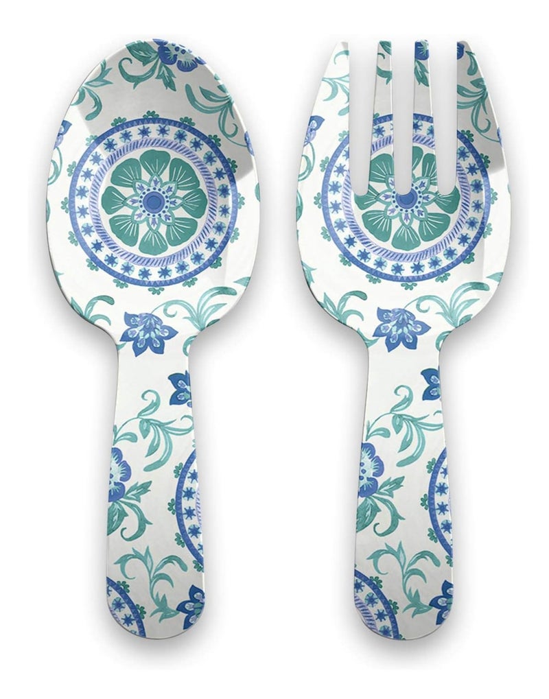 TarHong Rio Turquoise Floral Salad Server Set 10.6 Inch, Durable Melamine Serving Spoon and Fork Set, BPA-Free Shatter-Resistant Utensils for Salad, Pasta, Kitchen Serving, Indoor Outdoor Use - Image 1