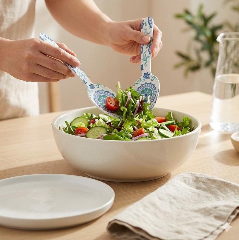 TarHong Rio Turquoise Floral Salad Server Set 10.6 Inch, Durable Melamine Serving Spoon and Fork Set, BPA-Free Shatter-Resistant Utensils for Salad, Pasta, Kitchen Serving, Indoor Outdoor Use - Image 2