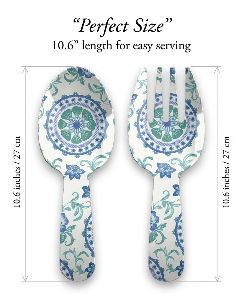 TarHong Rio Turquoise Floral Salad Server Set 10.6 Inch, Durable Melamine Serving Spoon and Fork Set, BPA-Free Shatter-Resistant Utensils for Salad, Pasta, Kitchen Serving, Indoor Outdoor Use - Image 3