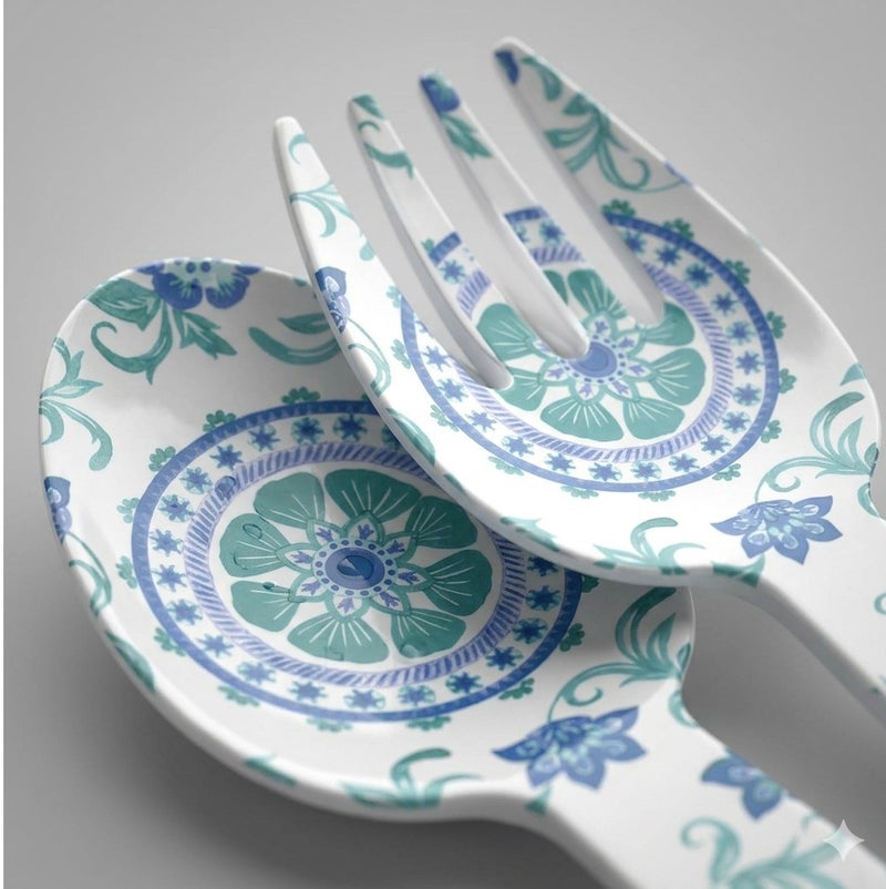 TarHong Rio Turquoise Floral Salad Server Set 10.6 Inch, Durable Melamine Serving Spoon and Fork Set, BPA-Free Shatter-Resistant Utensils for Salad, Pasta, Kitchen Serving, Indoor Outdoor Use - Image 4