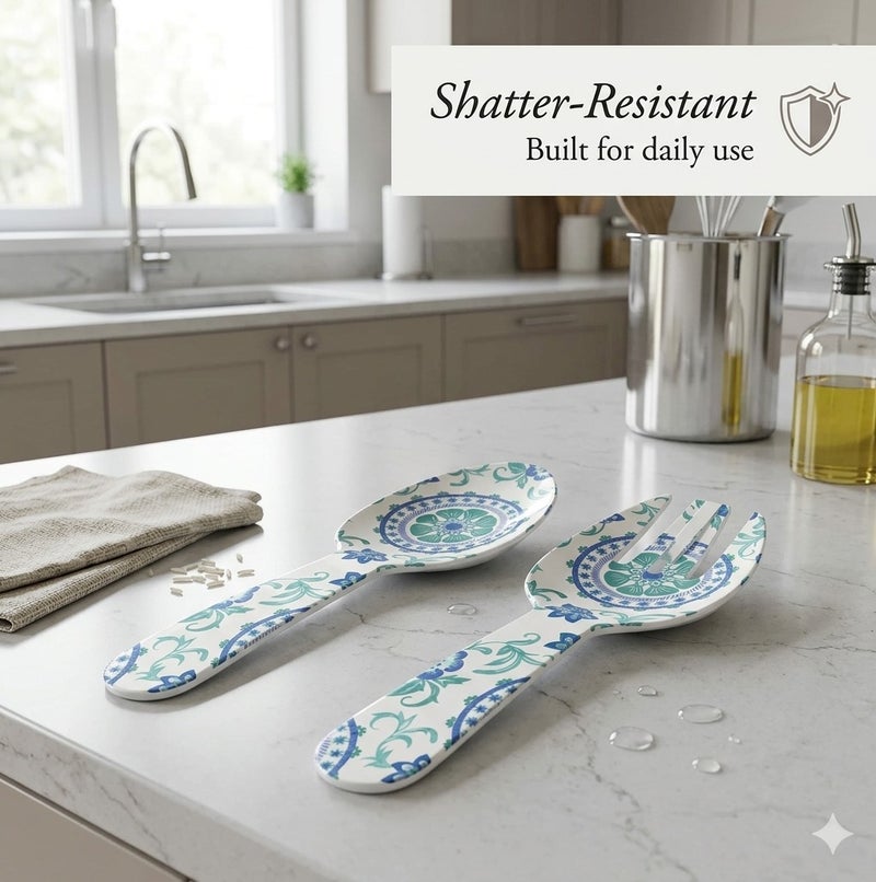 TarHong Rio Turquoise Floral Salad Server Set 10.6 Inch, Durable Melamine Serving Spoon and Fork Set, BPA-Free Shatter-Resistant Utensils for Salad, Pasta, Kitchen Serving, Indoor Outdoor Use - Image 5