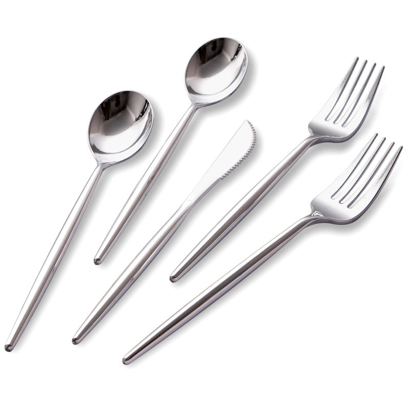 SUT 150Pcs Silver Plastic Silverware Silver Disposable Cutlery Heavy Duty Disposable Silverware Plastic Utensils Include 50 Plastic Forks 50 Plastic Spoons 50 Plastic Knives