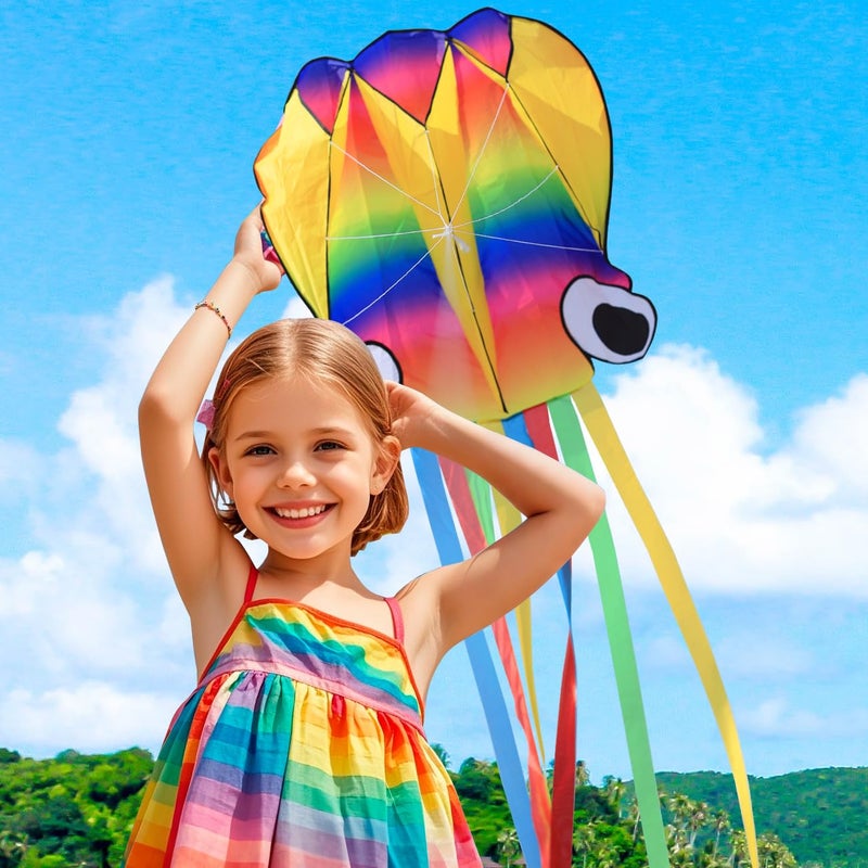 YFAFENGS Large Octopus Kites for Kids & Adults,Big Kite for Beginners, Kites for Kids Ages 4-8,Outdoors Activities with Line and Handle, 2 Packs (Rainbow+Red) - Image 3