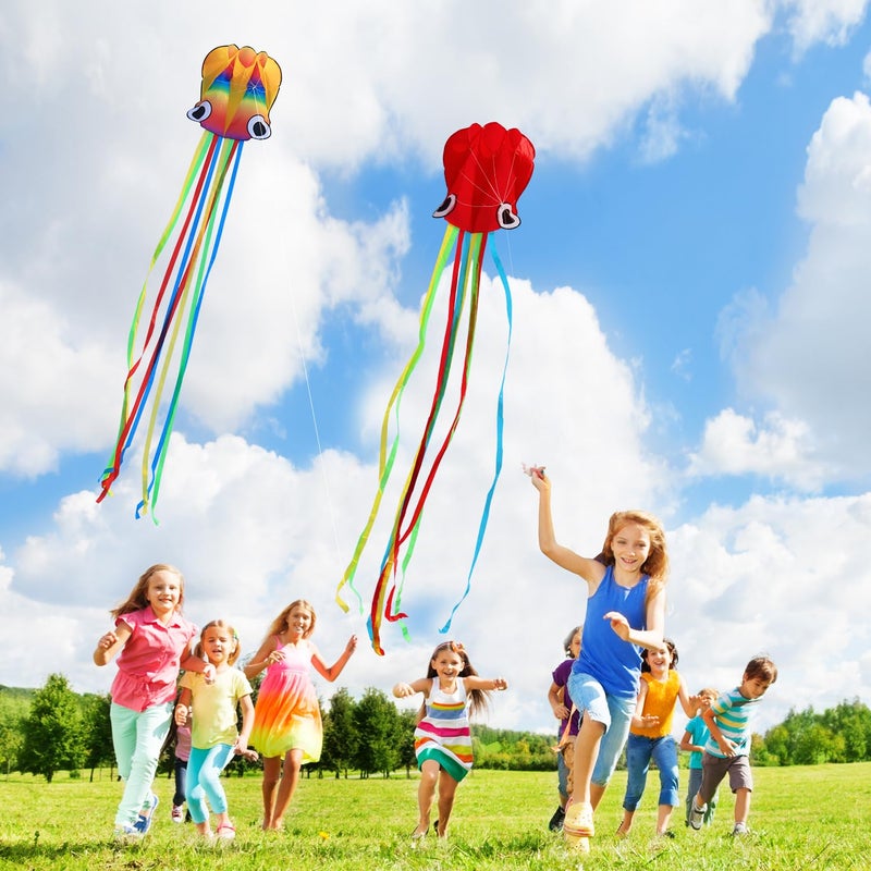 YFAFENGS Large Octopus Kites for Kids & Adults,Big Kite for Beginners, Kites for Kids Ages 4-8,Outdoors Activities with Line and Handle, 2 Packs (Rainbow+Red) - Image 5
