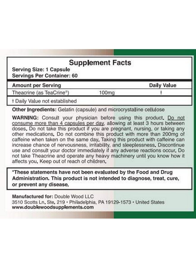 Double Wood Supplements Theacrine (Teacrine) 100 Mg, 60 Capsules - Energy and Focus Supplement (Similar to Caffeine Pills but More Subtle and Longer Lasting) Non-GMO and Gluten Free by Double Wood - Image 4
