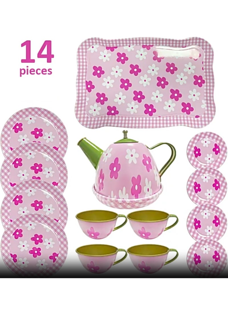 14-Piece Spring Blossoms Series, Tea Set For Little Girls, Safe And Durable Children'S Toys, Children'S Gifts, Teapot Tableware Kitchen Role Play Tin Tea Party - Image 1