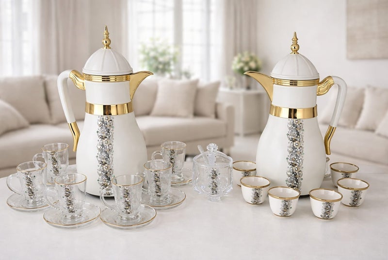 Damanhoor 22Pieces Ramadan Kareem Complete Serving Set Elegant Thermoses Tea & Cawa Cups Sugar Bowl &  Tray - Image 1