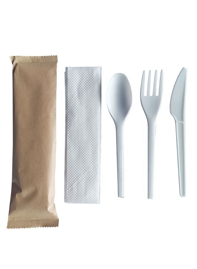 Prodel Eco-friendly CPLA Cutlery Set Fork,Spoon,Knife,Tissue with Individual Kraft Paper - Image 1