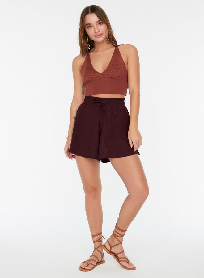 trendyol Claret Red Relaxed Cut Regular Waist Crepe/Textured Knit Shorts  - Image 1